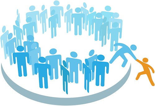 Clipart image of people meeting, being joined by another person. 