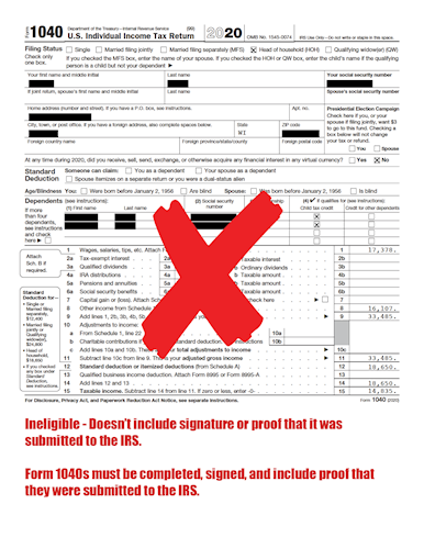 Ineligible 1040 example